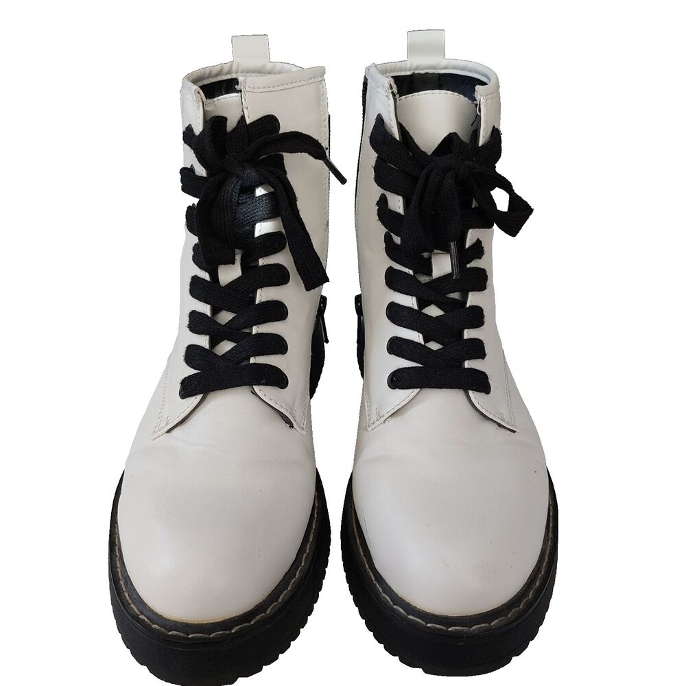 Madden Girl Combat Boots Kurrt White Faux Leather Mid Calf Lace Up Zip Womens 8M